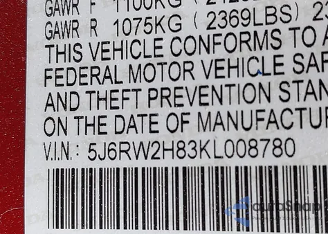 2019 Honda Cr-V Ex-L z USA, uszkodzony, nr VIN 5J6RW2H83KL008780